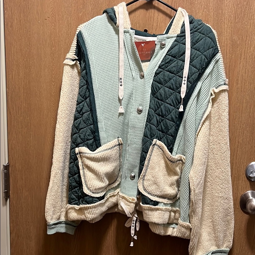 Green and Cream Hooded Shacket